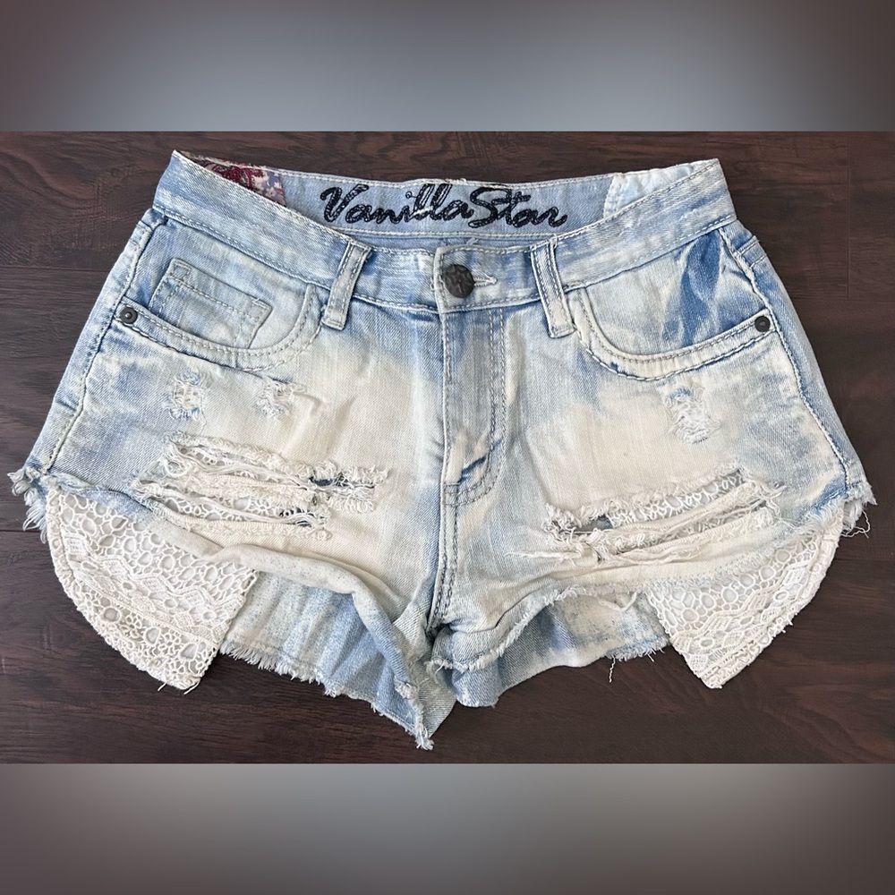 Vanilla Star Light Blue Distressed Denim Lace-Trim Shorts - Picture 1 of 7